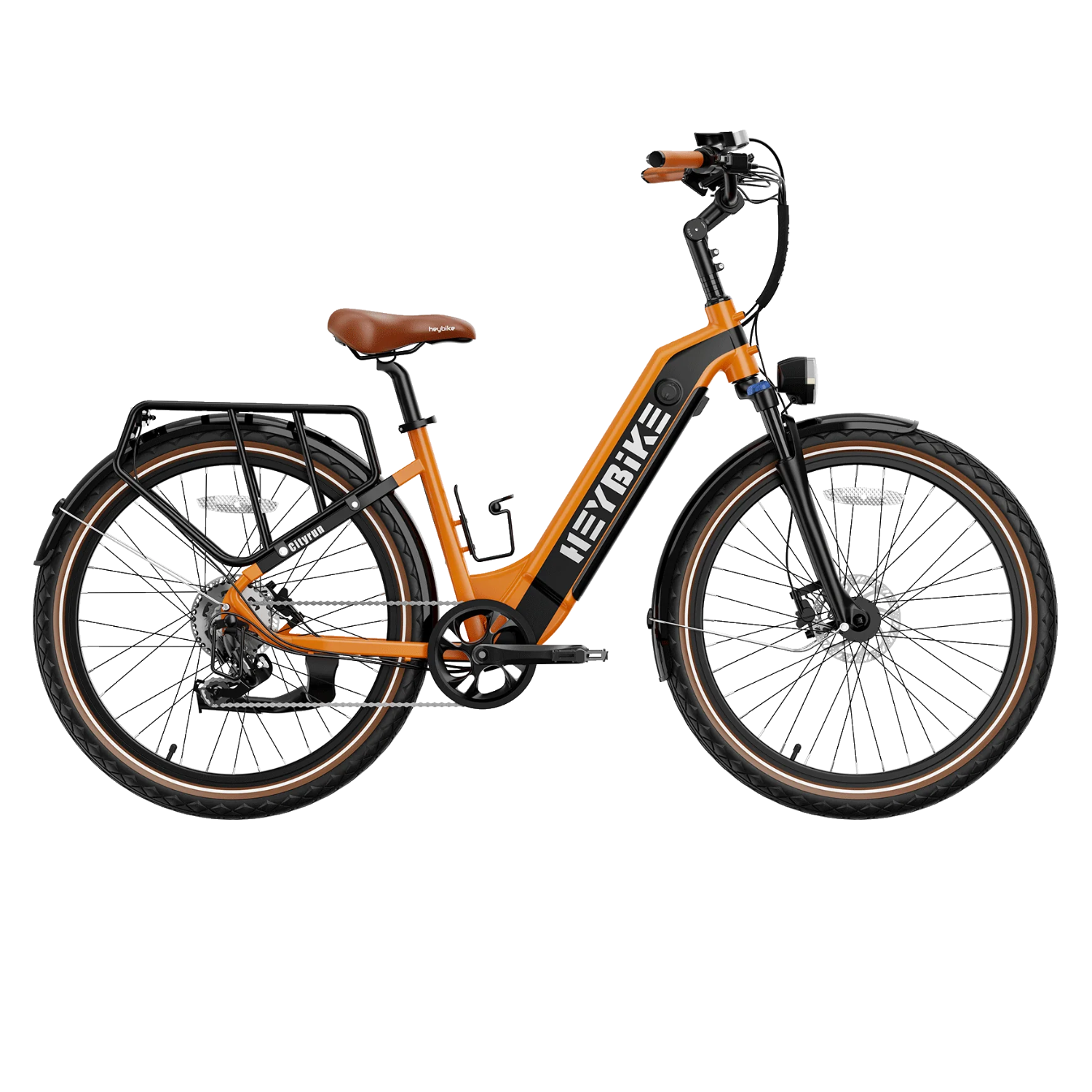 Orange Heybike Extra e-bike with a step-through frame, black accents, front suspension, rear rack, and fenders. Equipped with a motor, chain drive, and brown seat and handlebars.