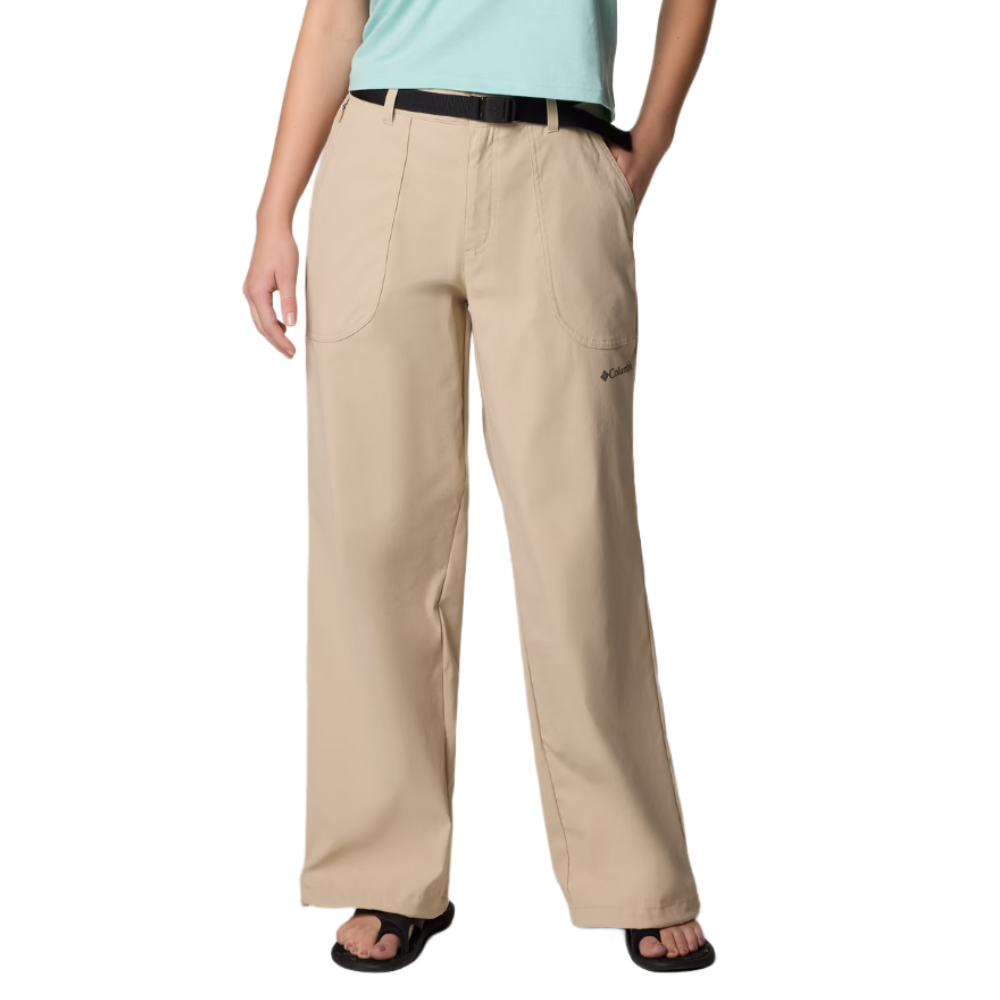 Beige wide-leg pants with a black belt and logo detailing, paired with sandals and a light blue top.