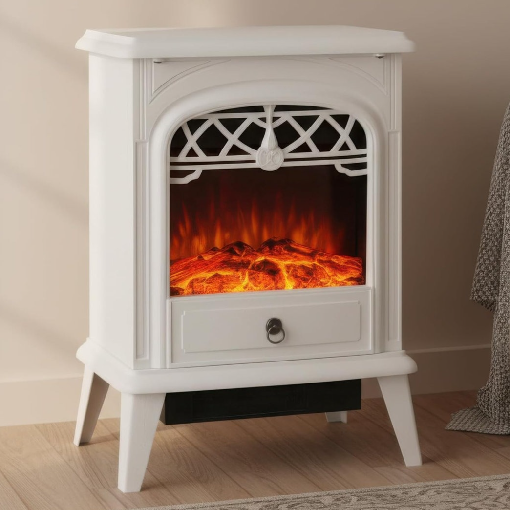 A white electric fireplace stove with a decorative lattice design and glowing artificial flames, sitting on wooden flooring next to a rug.