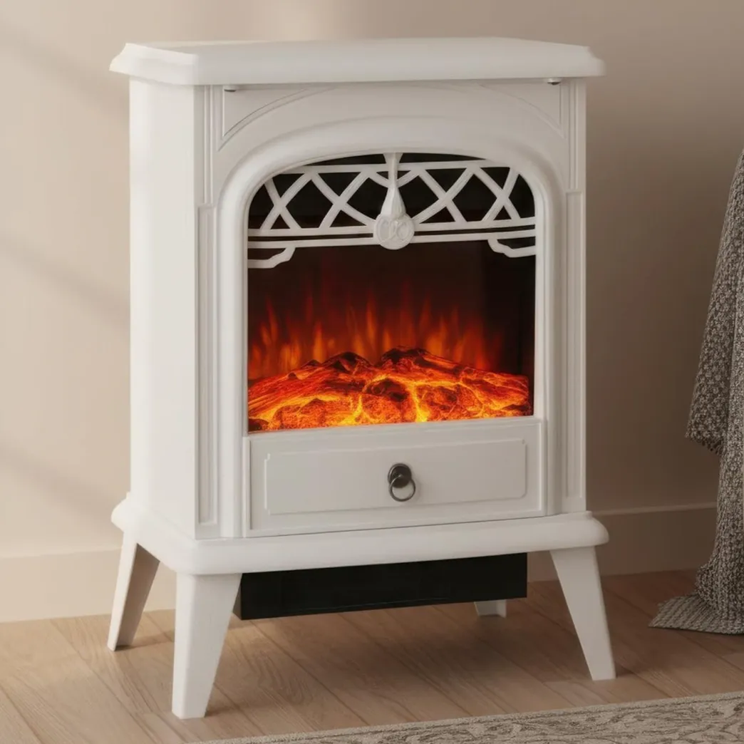 A white electric fireplace stove with a decorative lattice design and glowing artificial flames, sitting on wooden flooring next to a rug.