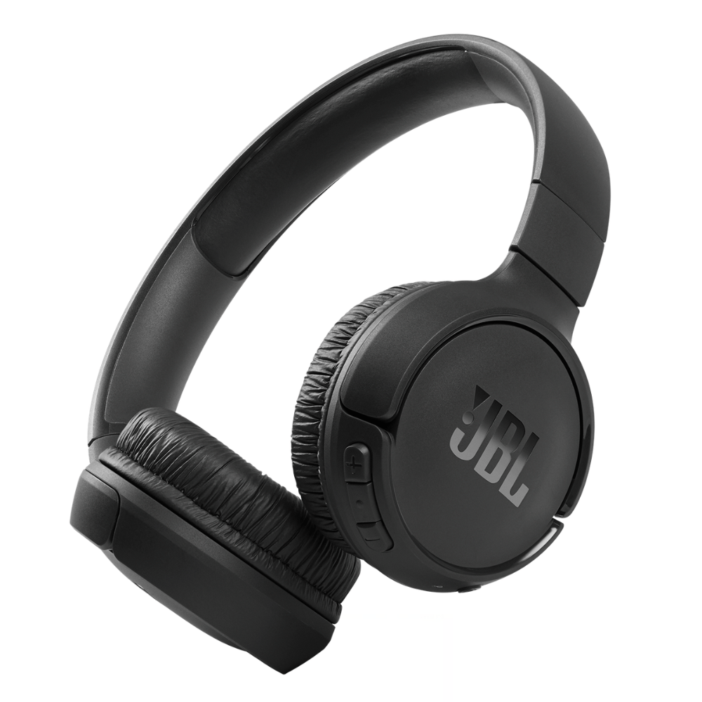 Black JBL over-ear headphones with padded ear cups and volume control buttons on the left side.