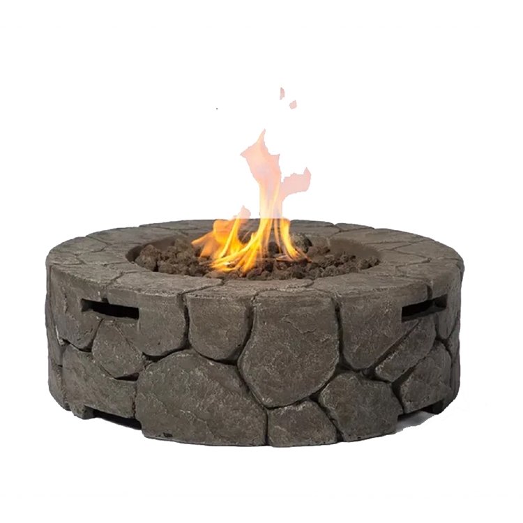 A round stone-look fire pit with a realistic flame and rock design.
