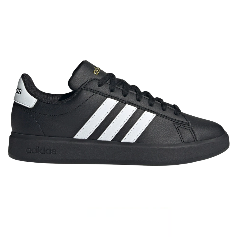 Black Adidas sneaker with white stripes and logo on the heel.
