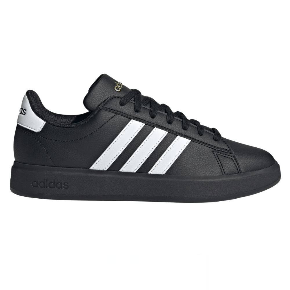 Black Adidas sneaker with white stripes and logo on the heel.