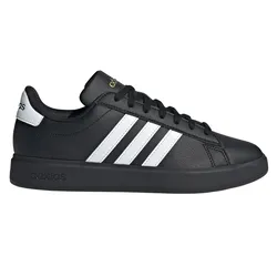 Black Adidas sneaker with white stripes and logo on the heel.