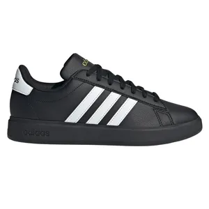 Black Adidas sneaker with white stripes and logo on the heel.