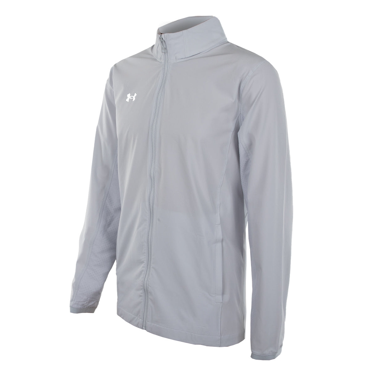 A light gray Under Armour men's full-zip jacket with a high collar and the brand's logo on the upper right chest.