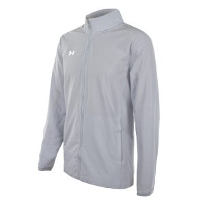 A light gray Under Armour men's full-zip jacket with a high collar and the brand's logo on the upper right chest.
