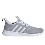 A gray and white sneaker with three white stripes on the side, featuring a cushioned cloudfoam sole.