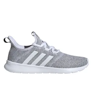 A gray and white sneaker with three white stripes on the side, featuring a cushioned cloudfoam sole.