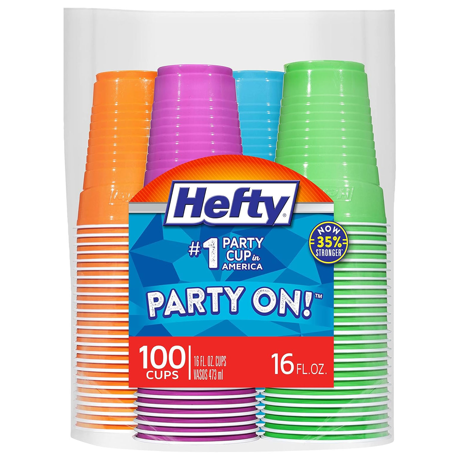 Hefty Party On! cups, 100 count, 16 fl. oz. each, in assorted colors—orange, purple, blue, and green—boasting \“#1 party cup in America\“ and \“now 35% stronger.\“