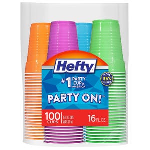 Hefty Party On! cups, 100 count, 16 fl. oz. each, in assorted colors—orange, purple, blue, and green—boasting \“#1 party cup in America\“ and \“now 35% stronger.\“