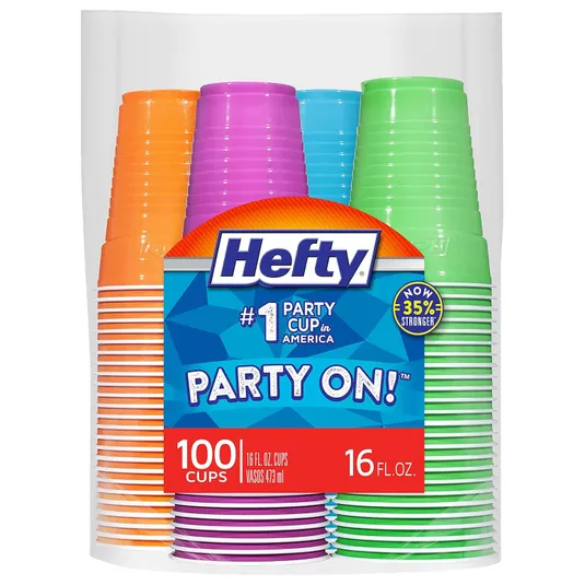 Hefty Party On! cups, 100 count, 16 fl. oz. each, in assorted colors—orange, purple, blue, and green—boasting \“#1 party cup in America\“ and \“now 35% stronger.\“