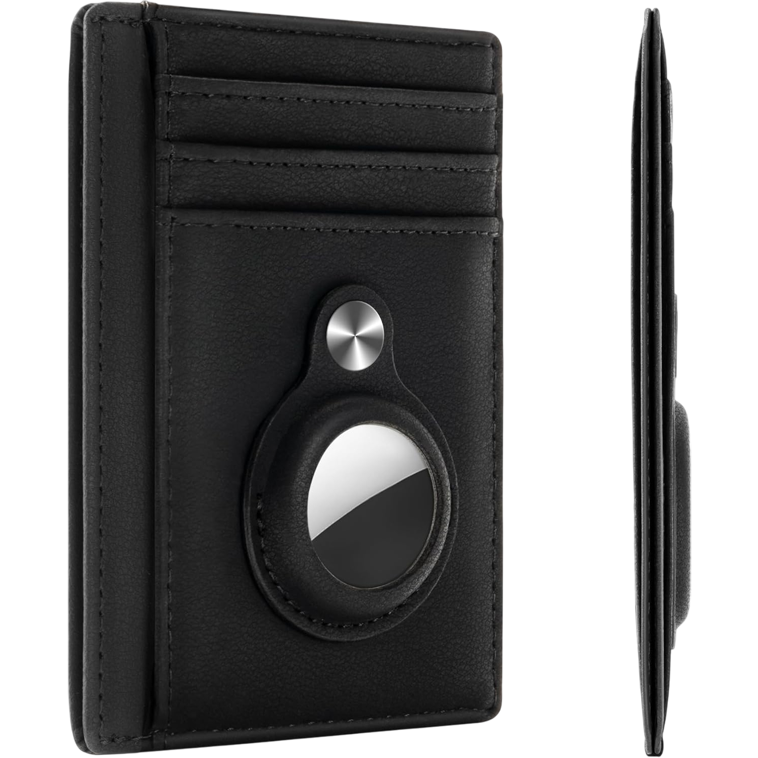 A black leather wallet with card slots features a built-in holder for an AirTag, designed to help locate the wallet if lost.