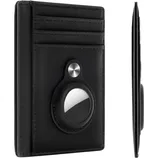A black leather wallet with card slots features a built-in holder for an AirTag, designed to help locate the wallet if lost.