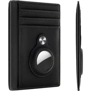 A black leather wallet with card slots features a built-in holder for an AirTag, designed to help locate the wallet if lost.
