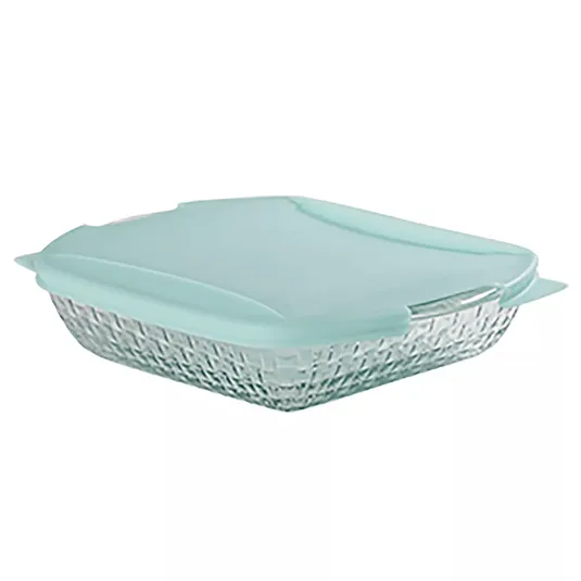 Square glass food storage container with a textured design and a turquoise plastic lid.