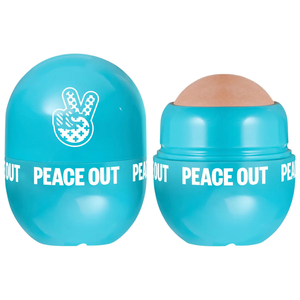 Peace Out Skincare Oil Control Roller is a turquoise, egg-shaped container featuring a peace sign graphic. It helps reduce excess oil and shine on the skin.