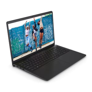 A Dell Inspiron 15 laptop in black, displaying a lively image on its screen. It features a full keyboard and several side ports, set against a plain white background.
