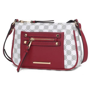 Stylish crossbody bag featuring a red front with gold-tone zipper and accents, and a contrast white patterned design on the sides, equipped with a shoulder strap.
