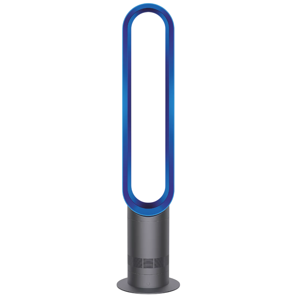 A bladeless tower fan with a sleek oval design and a blue outer ring, typically used for air circulation in homes or offices.