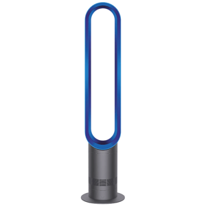 A bladeless tower fan with a sleek oval design and a blue outer ring, typically used for air circulation in homes or offices.