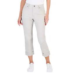 Light gray cropped jeans with rolled cuffs, featuring a classic five-pocket design, and paired with white sneakers.