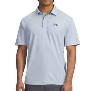 A light blue Under Armour polo shirt with a black logo on the chest, featuring short sleeves and a three-button placket.