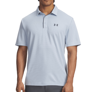 A light blue Under Armour polo shirt with a black logo on the chest, featuring short sleeves and a three-button placket.