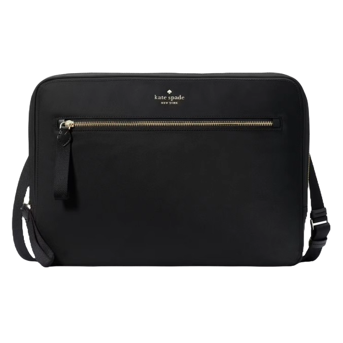 A black Kate Spade New York laptop bag with a front zippered pocket and an adjustable shoulder strap.