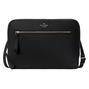 A black Kate Spade New York laptop bag with a front zippered pocket and an adjustable shoulder strap.