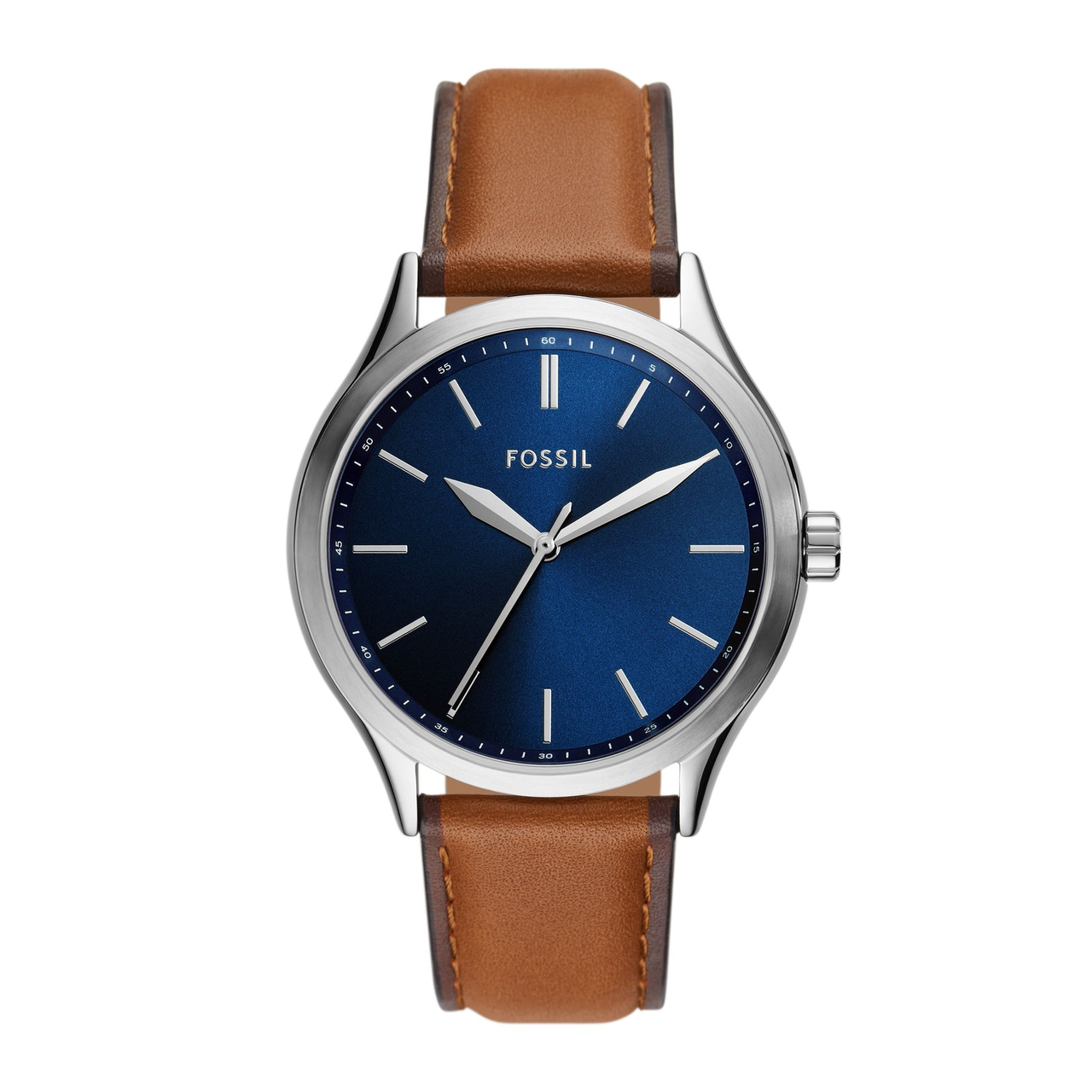 Fossil brand wristwatch with a blue dial, silver case, and brown leather strap.