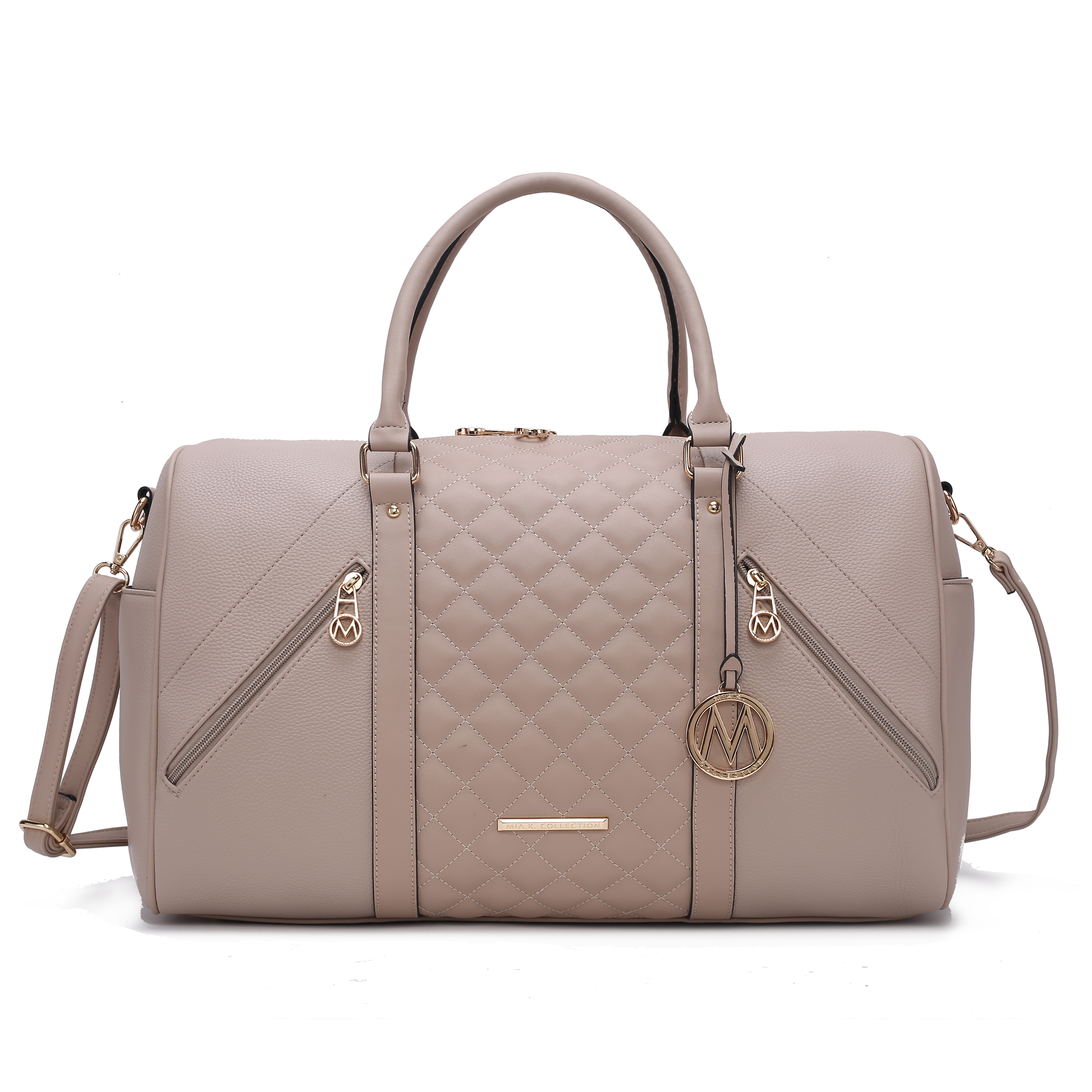 A beige quilted handbag with gold accents, featuring dual handles, a detachable shoulder strap, and side zippers.