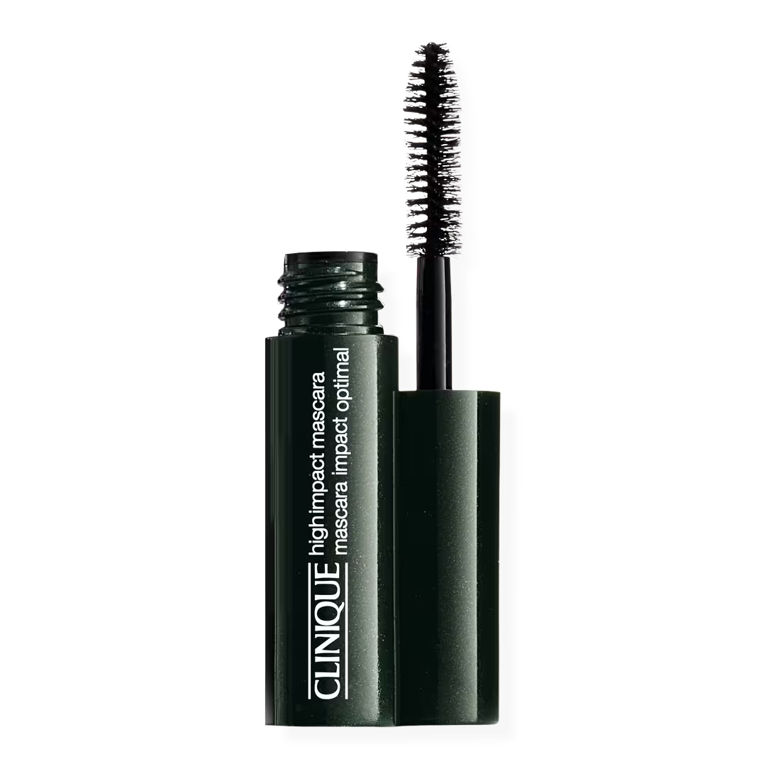 Clinique High Impact Mascara in a dark green tube with a black brush applicator. This mascara is designed to enhance lash volume and length.