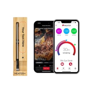 Smart meat thermometer with app connectivity, featuring a bamboo charging dock and customizable text option. Displays cooking times and temperatures for precise meat preparation.