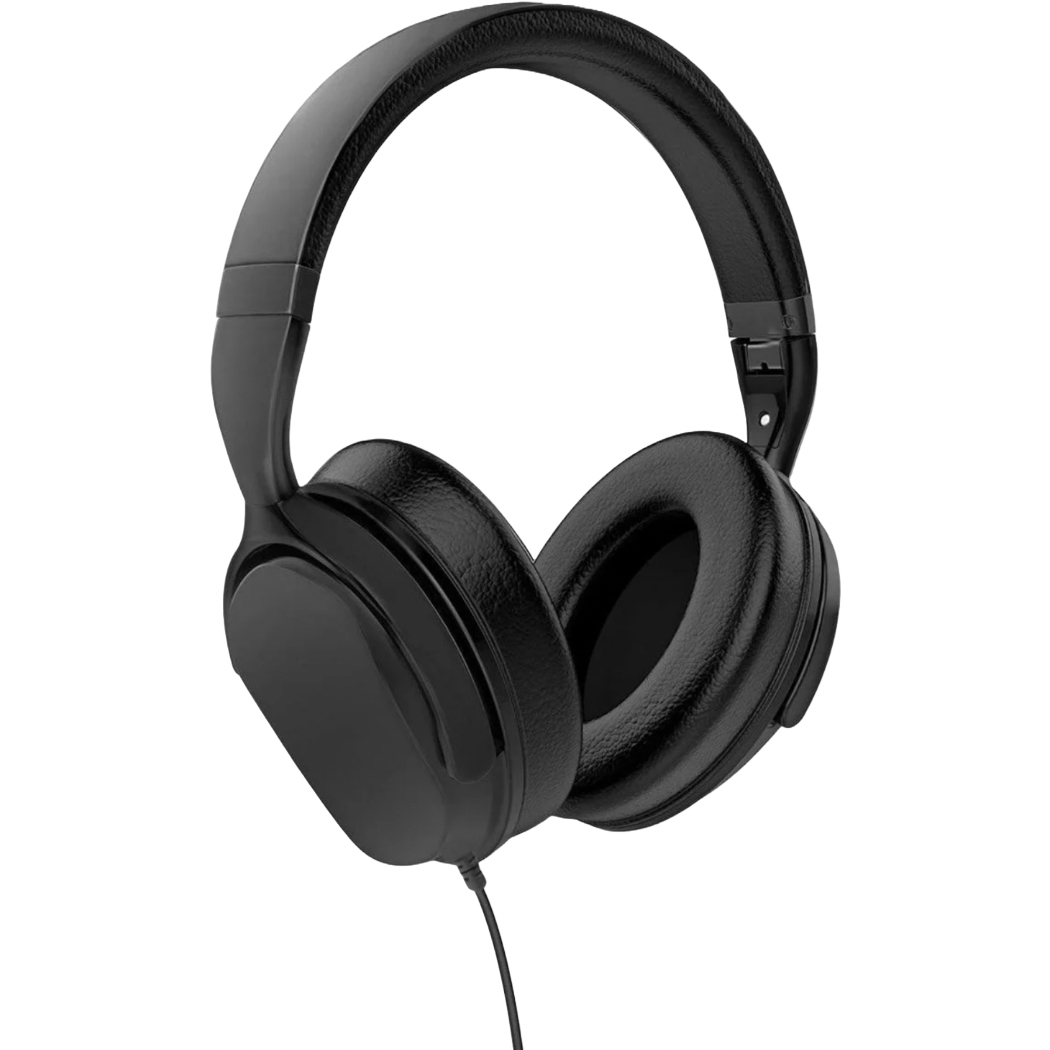 Black over-ear wired headphones with cushioned ear cups and headband, featuring a sleek and minimalistic design.