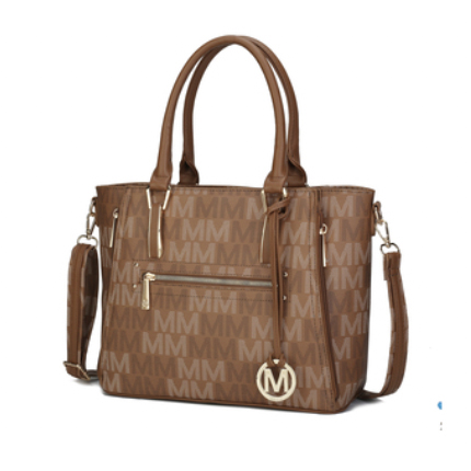 Brown tote bag with \“MM\“ monogram design, featuring two handles, an adjustable shoulder strap, front zipper pocket, and gold-tone logo charm.
