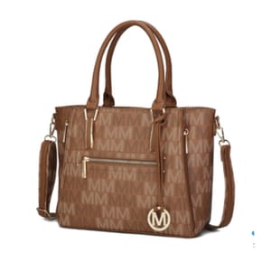 Brown tote bag with \“MM\“ monogram design, featuring two handles, an adjustable shoulder strap, front zipper pocket, and gold-tone logo charm.