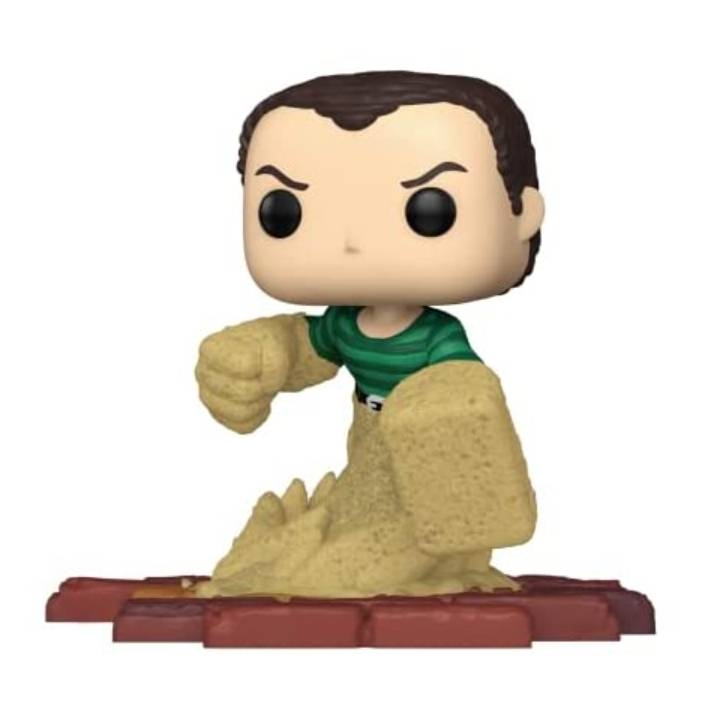This is a stylized Funko Pop figure of a character, presumably Sandman, with a prominent fist and textured base resembling sand, wearing a green shirt with a black emblem.