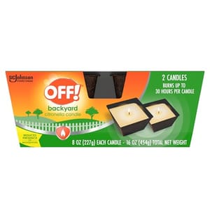 Two OFF! backyard citronella candles, each 8 oz (227g), burn up to 30 hours per candle for a total net weight of 16 oz (454g), designed to reduce mosquito presence.