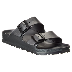 A black sandal with two adjustable straps and buckles, featuring a textured footbed and sole.