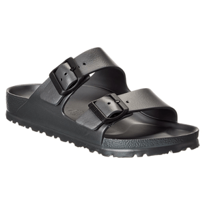 A black sandal with two adjustable straps and buckles, featuring a textured footbed and sole.