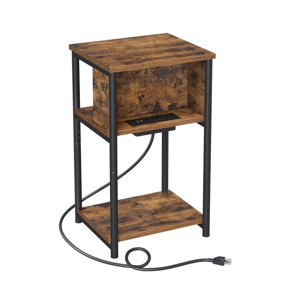 Side table with rustic wood finish and metal frame, featuring built-in USB ports and an electrical outlet.