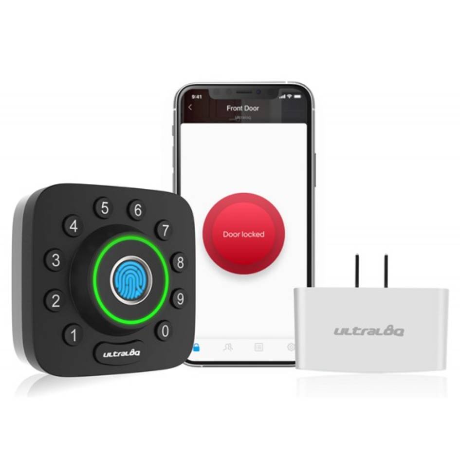 A smart lock with a numeric keypad and fingerprint scanner, accompanied by a smartphone app showing the lock status, and a small plug-in device labeled \“ultraloq.\“
