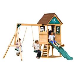 Children's playset with a wooden structure featuring a small house, two swings, a slide, and a climbing ladder.