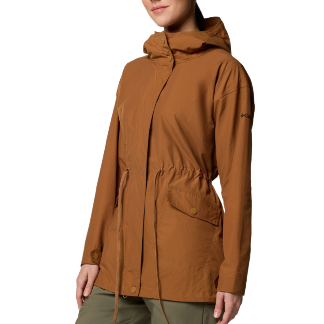 A brown hooded jacket with a waist drawstring and front buttoned pockets, worn over olive green pants.
