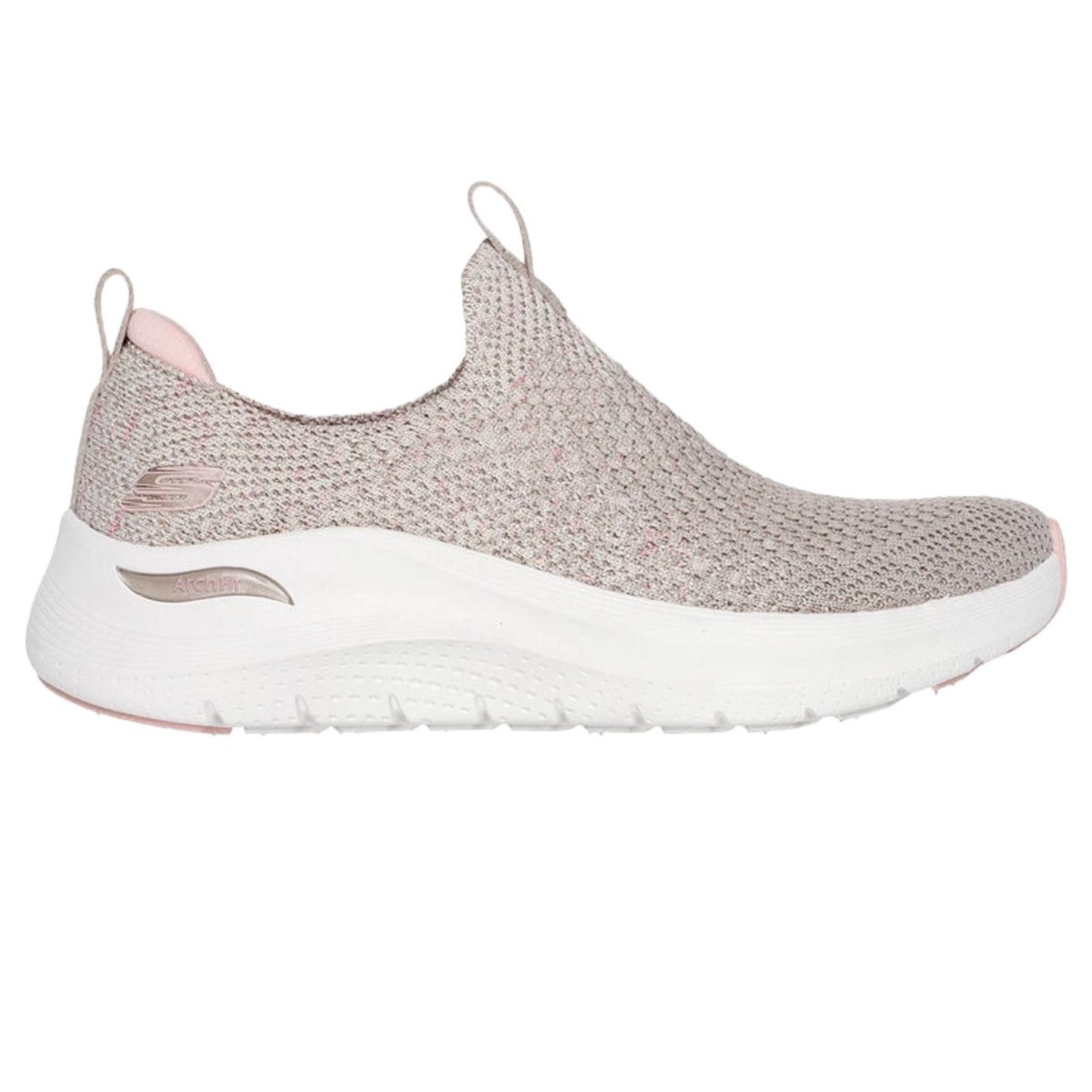 Skechers Arch Fit 2.0 Sneakers feature a slip-on design with a breathable knit upper in a pinkish hue, a cushioned white sole for comfort, and pull tabs for easy wear, ideal for casual use.