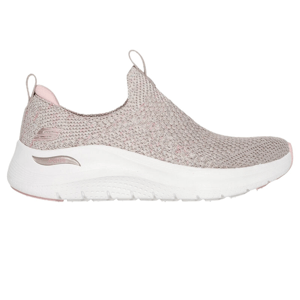 Skechers Arch Fit 2.0 Sneakers feature a slip-on design with a breathable knit upper in a pinkish hue, a cushioned white sole for comfort, and pull tabs for easy wear, ideal for casual use.