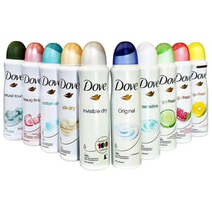 A row of Dove deodorant sprays featuring various scents: natural touch, beauty finish, cotton dry, silk dry, invisible dry, original, sensitive, go fresh (with cucumber and pomegranate variations), and a citrus scent.