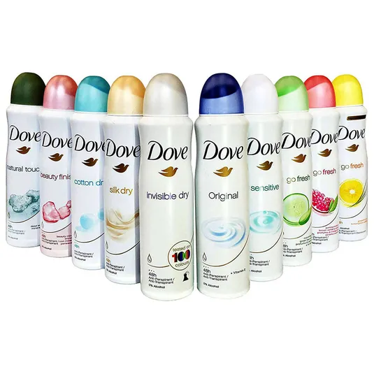 A row of Dove deodorant sprays featuring various scents: natural touch, beauty finish, cotton dry, silk dry, invisible dry, original, sensitive, go fresh (with cucumber and pomegranate variations), and a citrus scent.